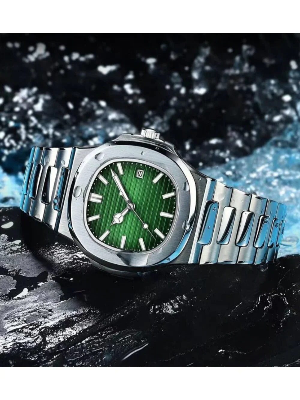 Men's Green Stainless Steel Strap Quartz Movement Waterproof Date Wrist Watch